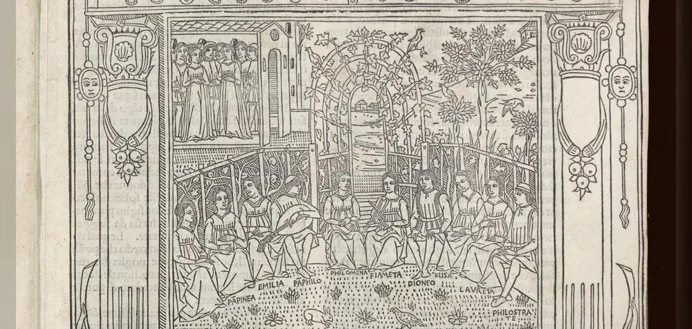 1492 年威尼斯版《十日谈》（Decamerone）的木刻插图：十位青年男女在花园中轮流讲故事