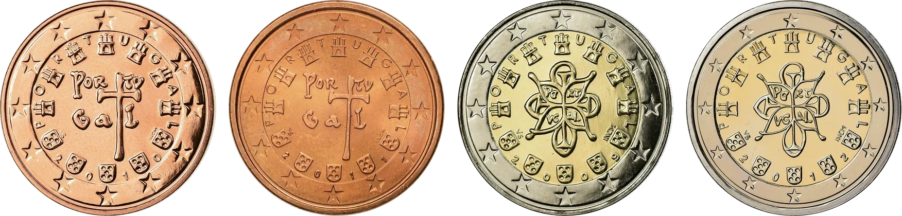 1 欧分、2 欧元:左为粗线条,右为细线条
